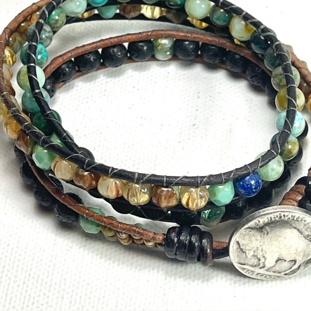 Handcrafted Beaded Wrap Bracelet - Silver, Green, Brown